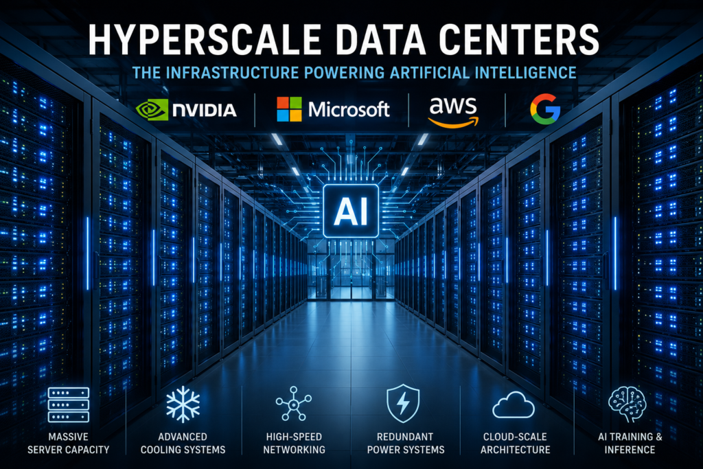 Modern hyperscale data center powering artificial intelligence with large-scale servers and cloud infrastructure