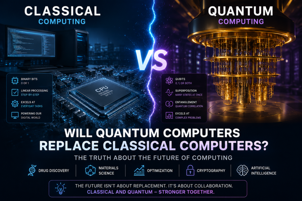 Classical computing versus quantum computing comparison showing CPU technology and quantum processors